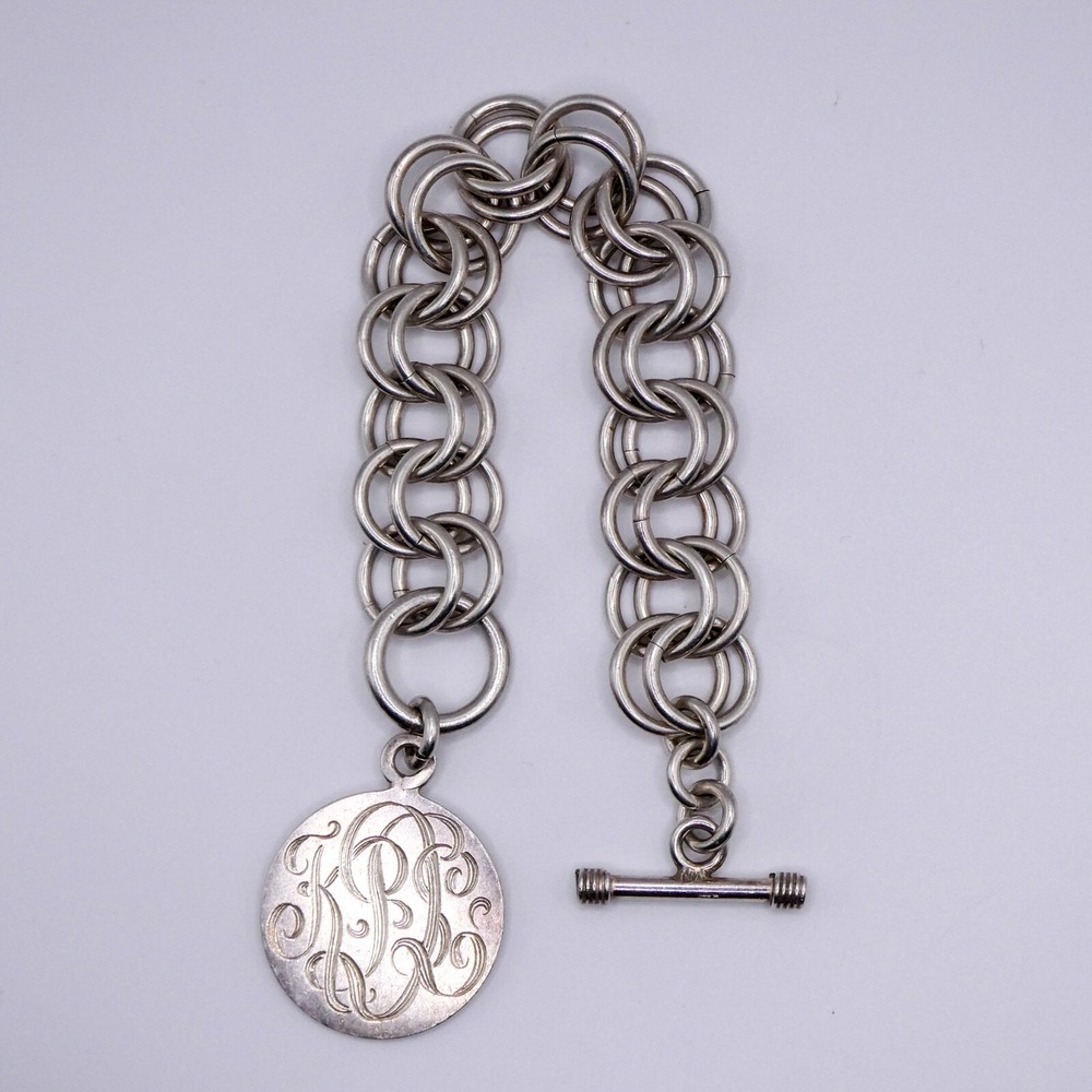 Double Rolo Chunky Wide Charm Bracelet 70g Vintage Toggle Monogram Medallion